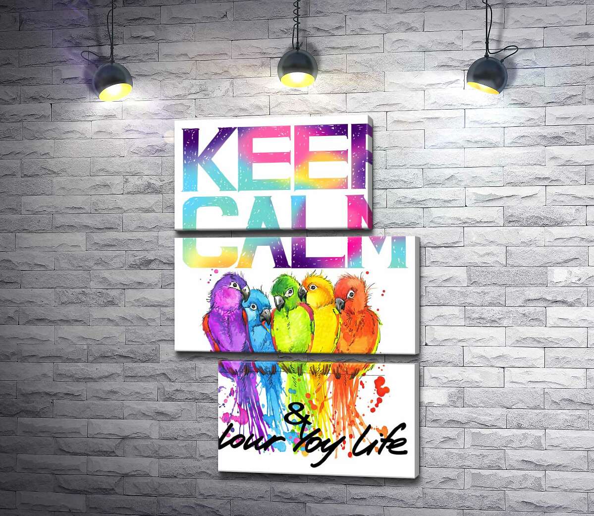 модульна картина Яскраве оперення папуг серед напису "keep calm and colour your life" (Модуль №16)
