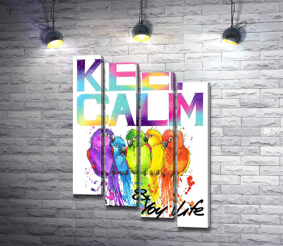 модульная картина Яркое оперение попугаев среди надписи "keep calm and colour your life" (Модуль №19)