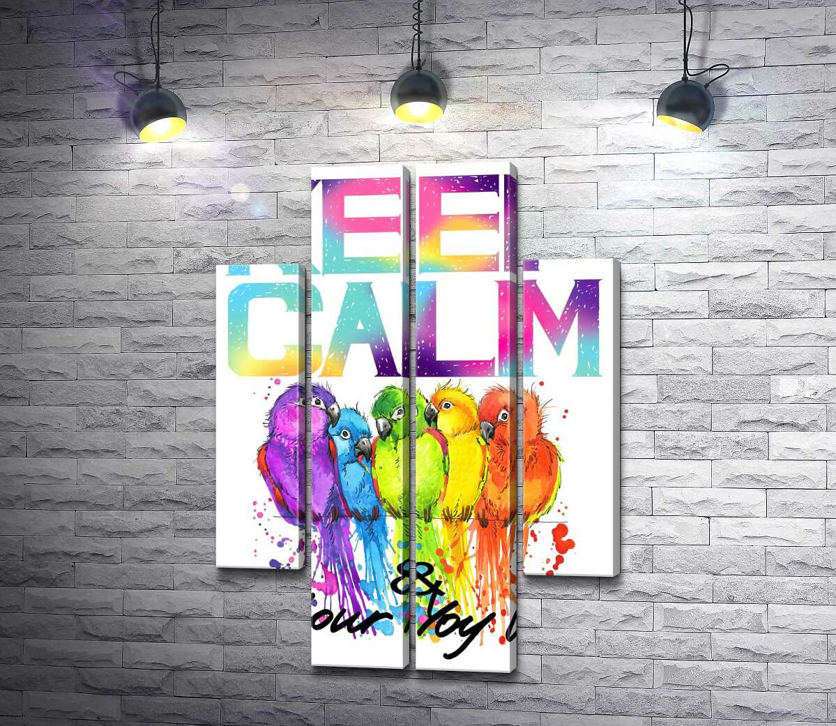 модульна картина Яскраве оперення папуг серед напису "keep calm and colour your life" (Модуль №20)