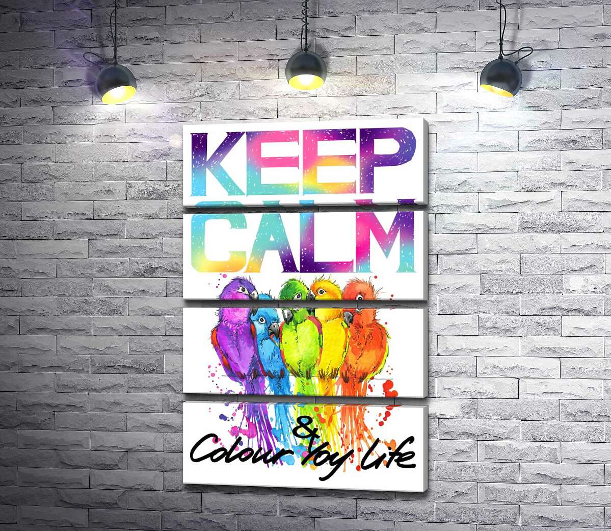 модульна картина Яскраве оперення папуг серед напису "keep calm and colour your life" (Модуль №22)