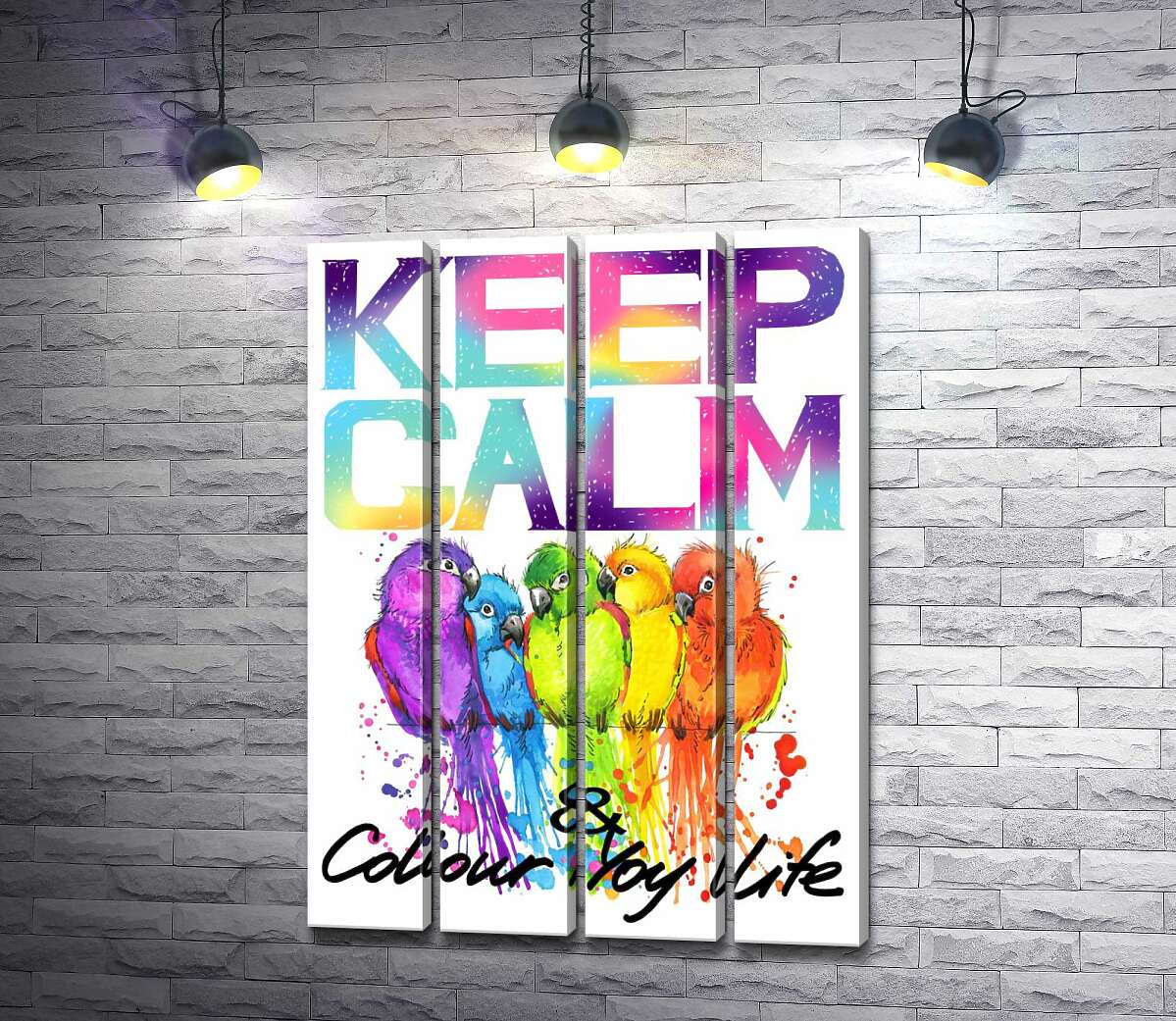 модульная картина Яркое оперение попугаев среди надписи "keep calm and colour your life" (Модуль №24)