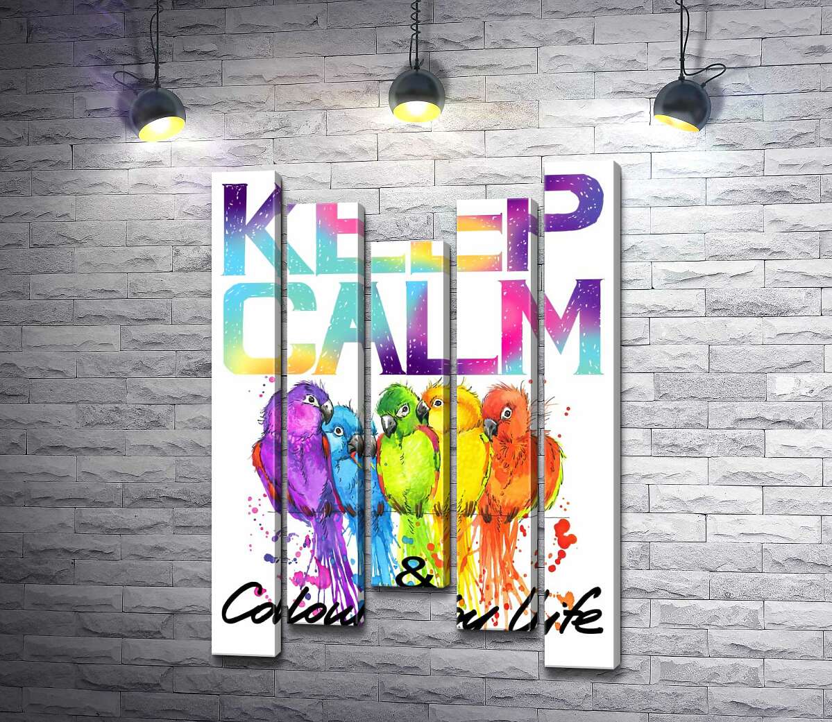модульна картина Яскраве оперення папуг серед напису "keep calm and colour your life" (Модуль №27)