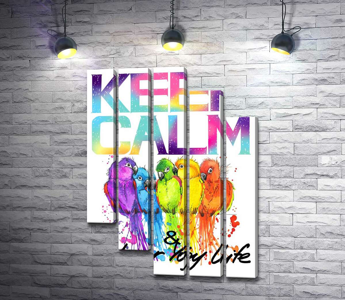 модульная картина Яркое оперение попугаев среди надписи "keep calm and colour your life" (Модуль №28)