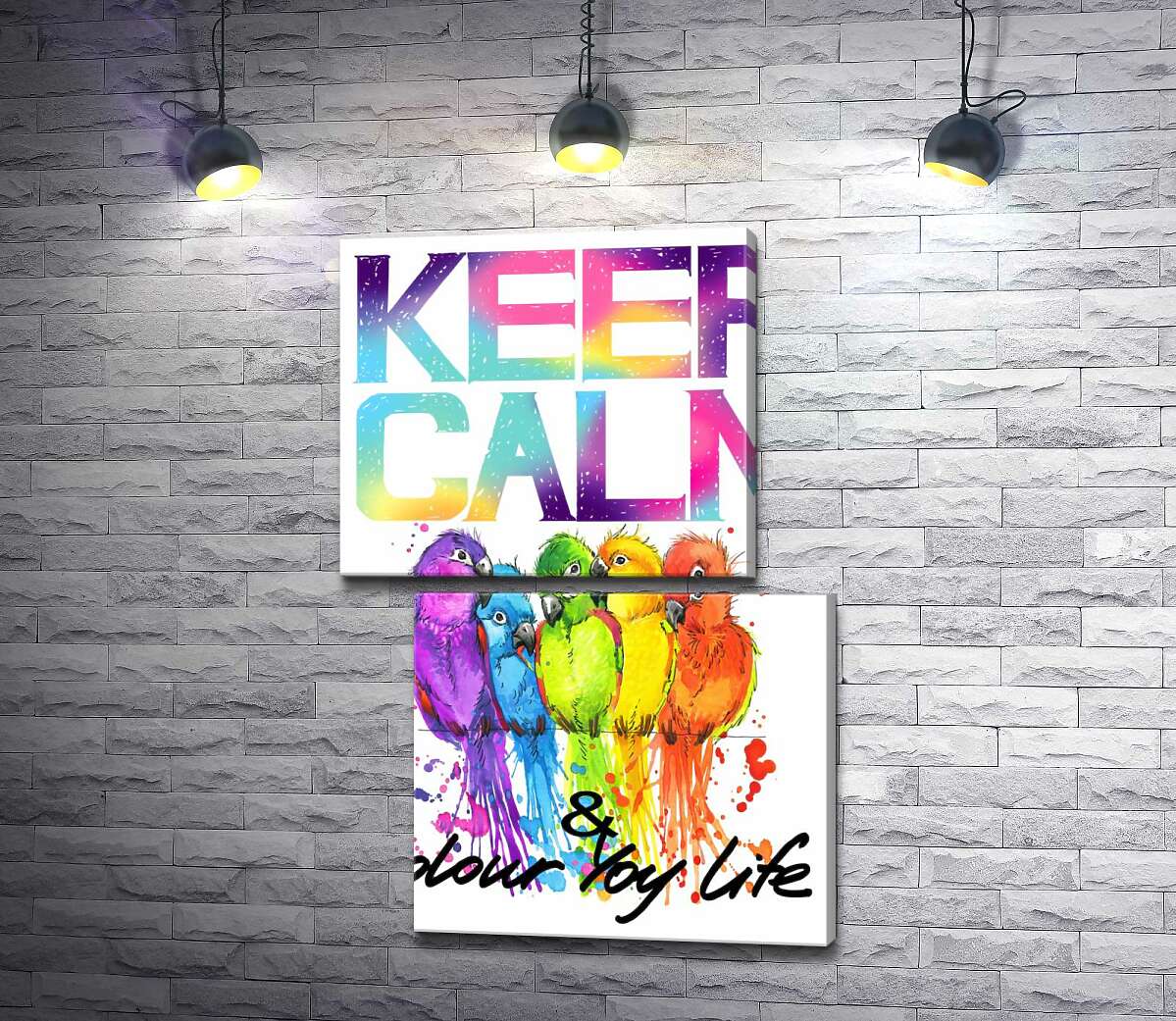 модульная картина Яркое оперение попугаев среди надписи "keep calm and colour your life" (Модуль №8)