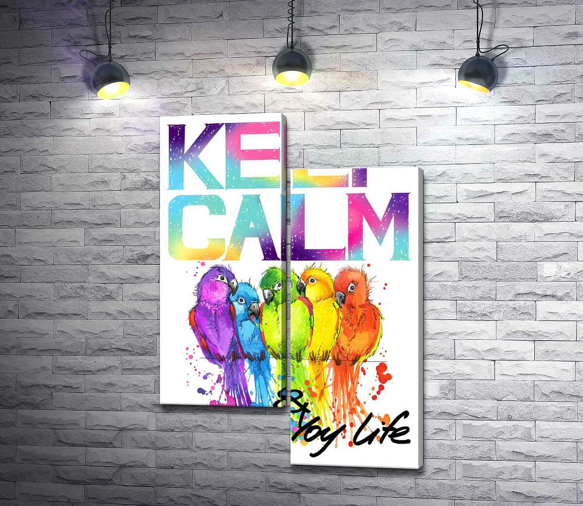 модульна картина Яскраве оперення папуг серед напису "keep calm and colour your life" (Модуль №9)