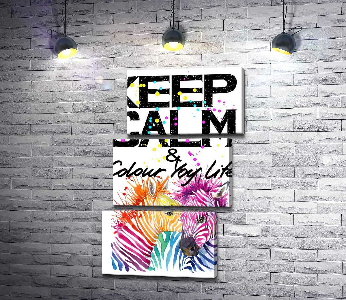 модульная картина Цветные полоски зебр под надписью "keep calm and colour your life" (Модуль №17)