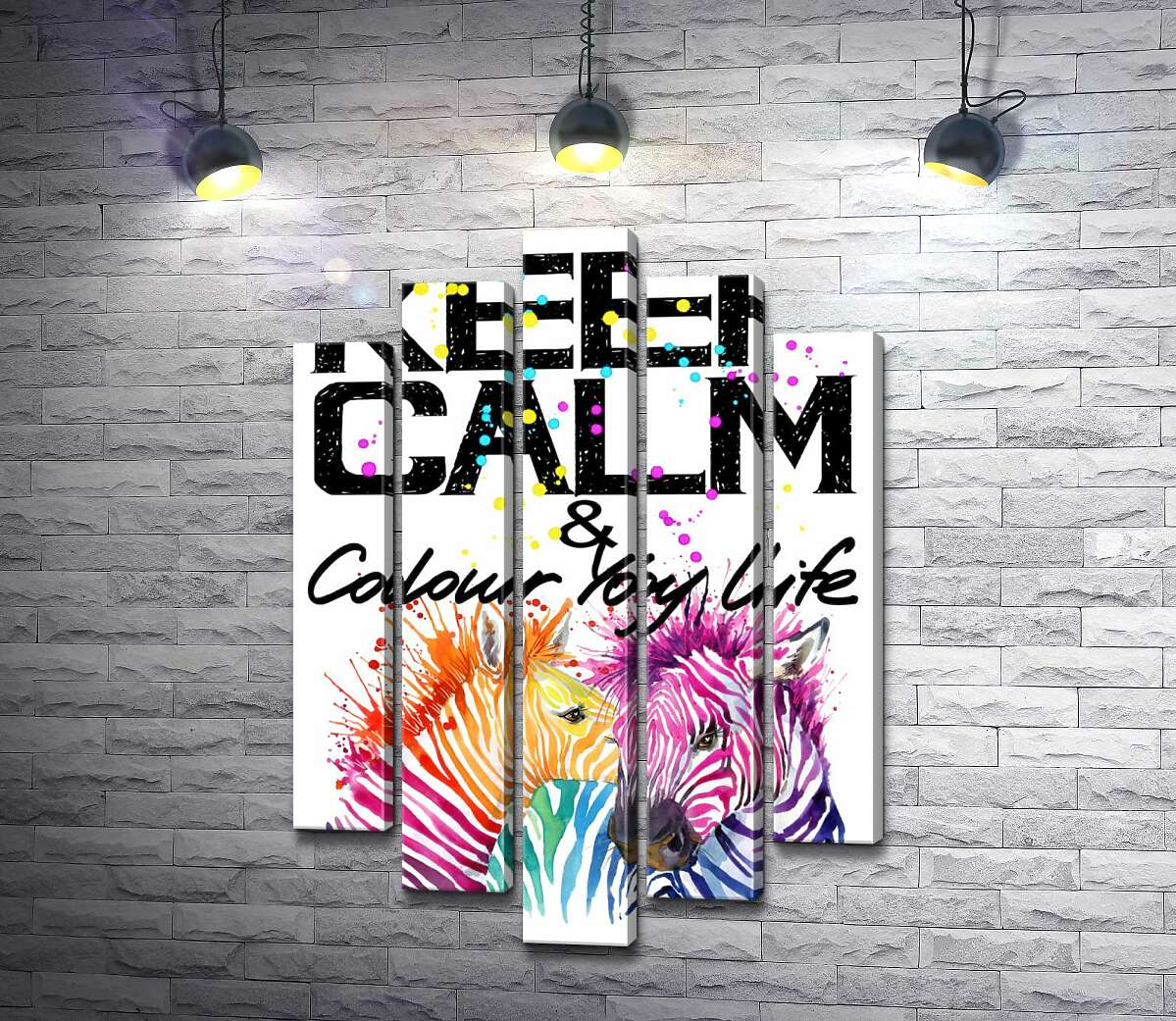 модульна картина Кольорові полоски зебр під написом "keep calm and colour your life" (Модуль №4)