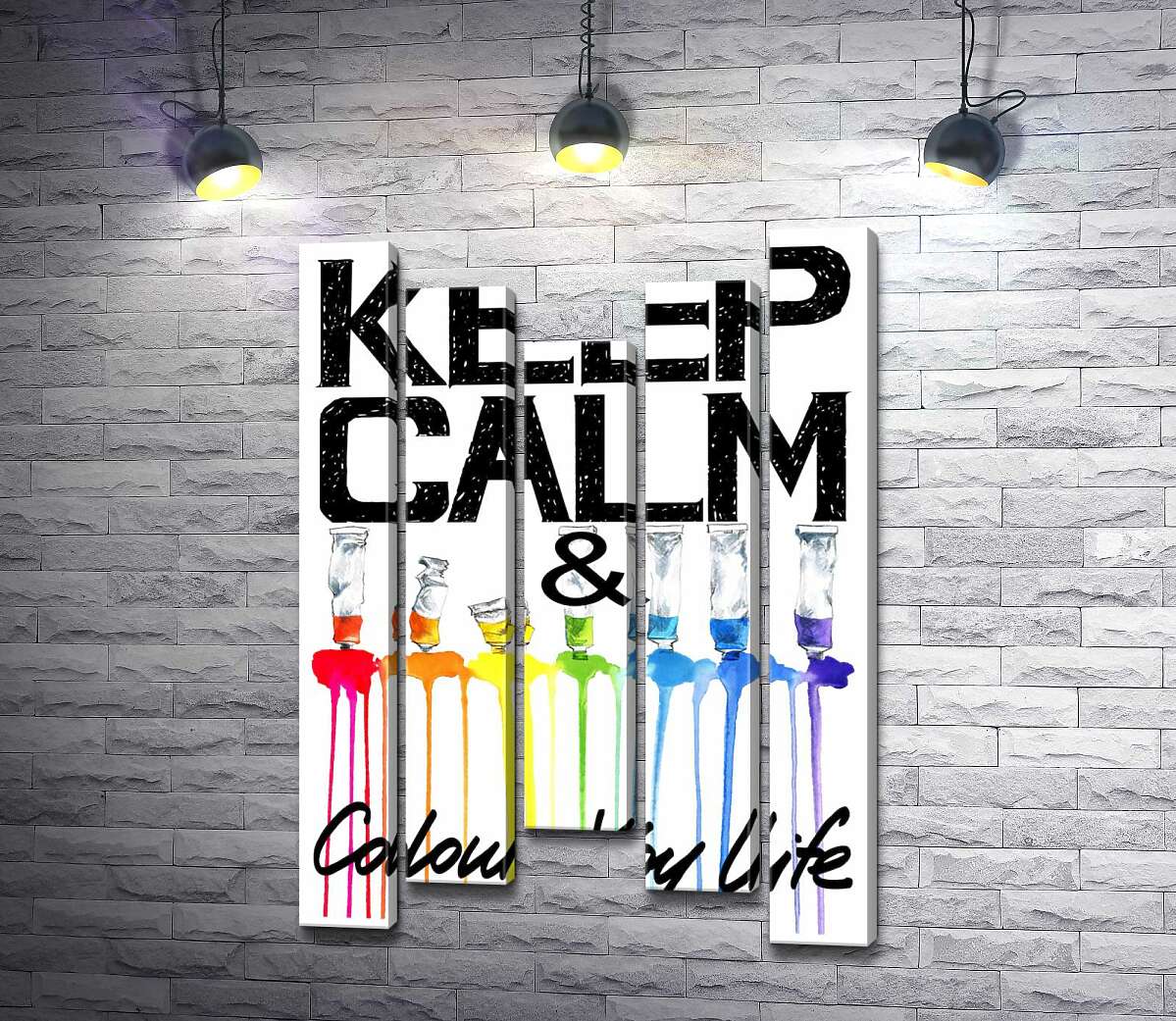 модульна картина Фарба витікає з яскравих тюбиків на написі "keep calm and colour your life" (Модуль №27)