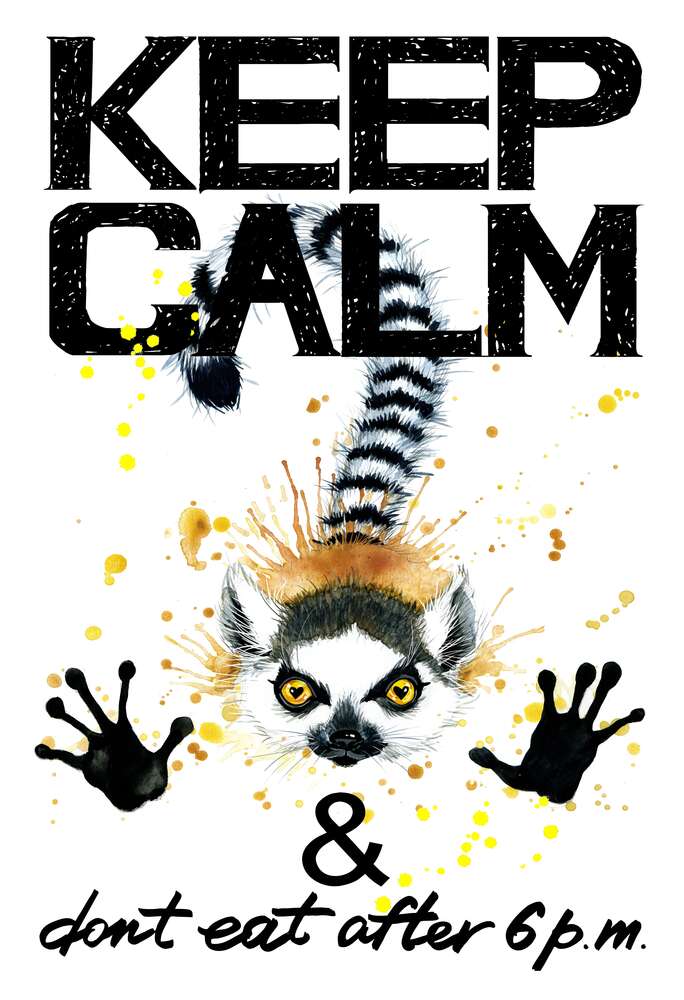 картина-постер Лемур тягне лапи вперед під написом "keep calm and don't eat after 6 p.m."