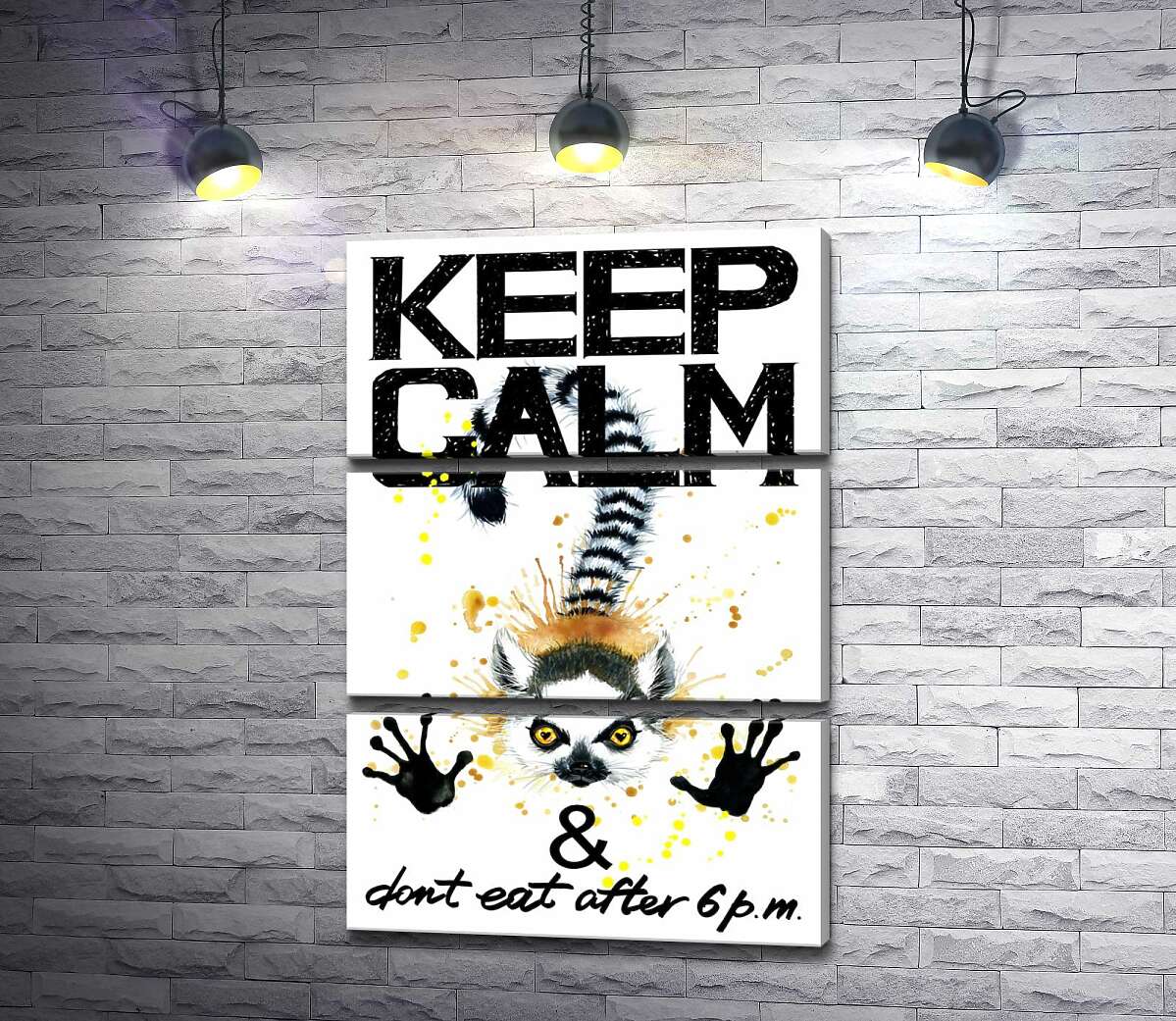 модульна картина Лемур тягне лапи вперед під написом "keep calm and don't eat after 6 p.m." (Модуль №15)