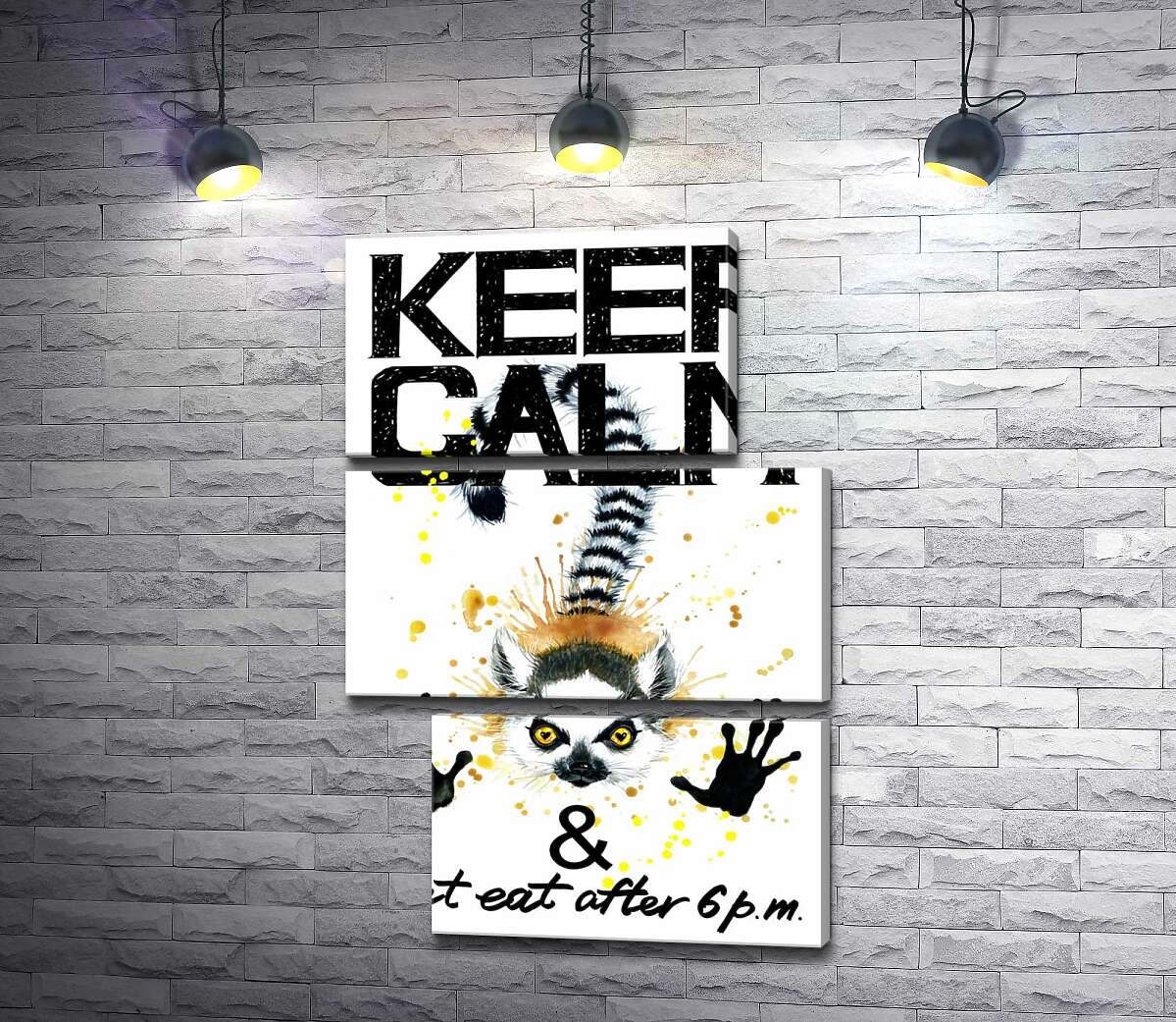 модульная картина Лемур тянет лапы вперед под надписью "keep calm and don't eat after 6 p.m." (Модуль №16)