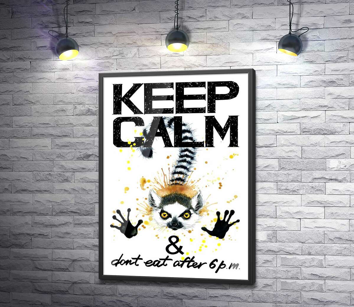 постер Лемур тянет лапы вперед под надписью "keep calm and don't eat after 6 p.m."