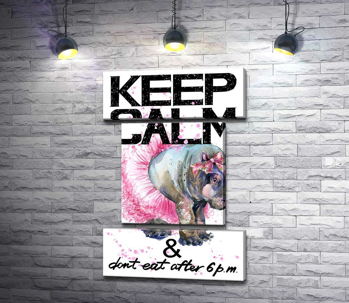 модульна картина Бегемот балерина серед напису "keep calm and don't eat after 6 p.m." (Модуль №18)