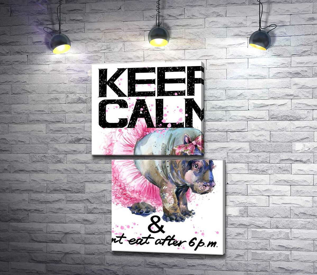 модульна картина Бегемот балерина серед напису "keep calm and don't eat after 6 p.m." (Модуль №8)