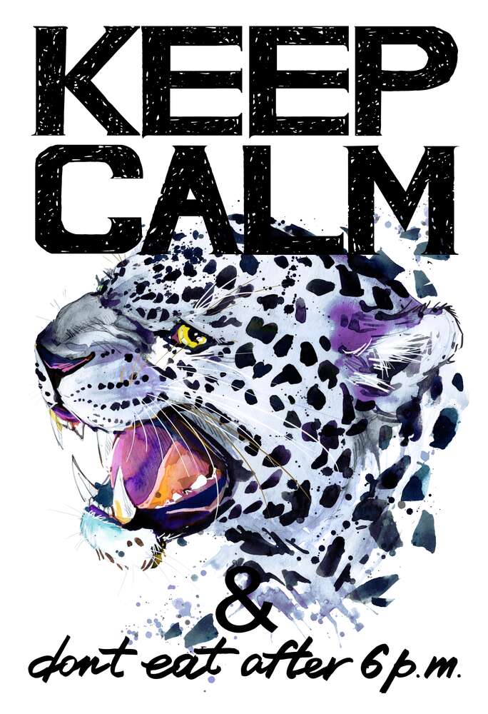 картина-постер Хищный леопард среди надписи "keep calm and don't eat after 6 p.m."