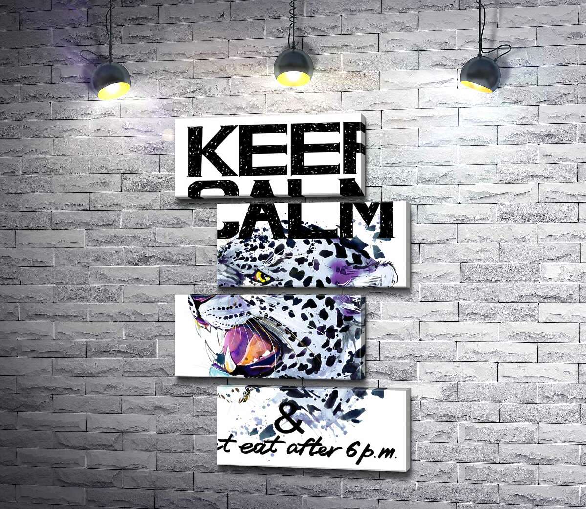 модульная картина Хищный леопард среди надписи "keep calm and don't eat after 6 p.m." (Модуль №23)