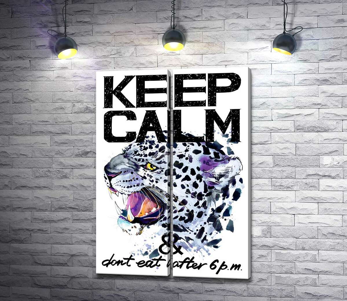 модульная картина Хищный леопард среди надписи "keep calm and don't eat after 6 p.m."