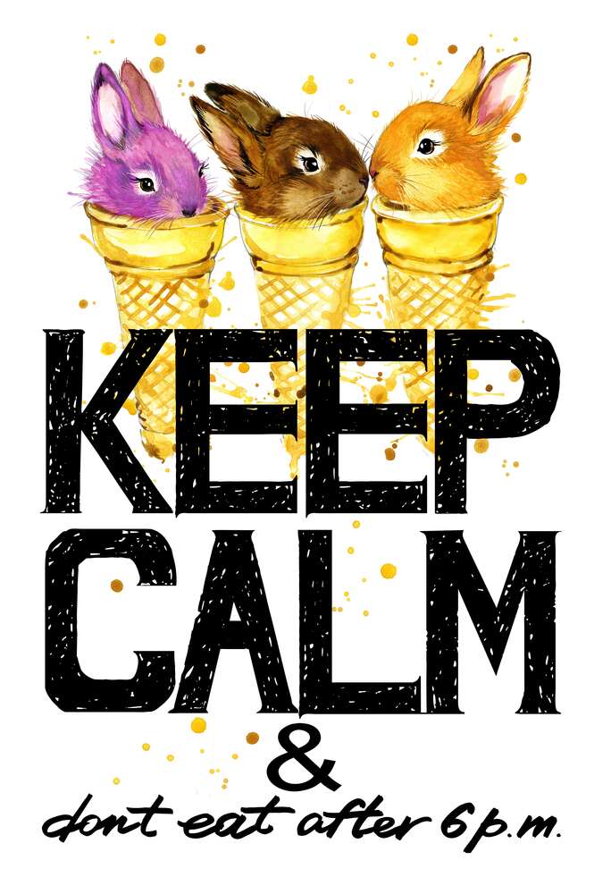 картина-постер Кольорові зайці в рожках морозива над написом "keep calm and don't eat after 6 p.m."