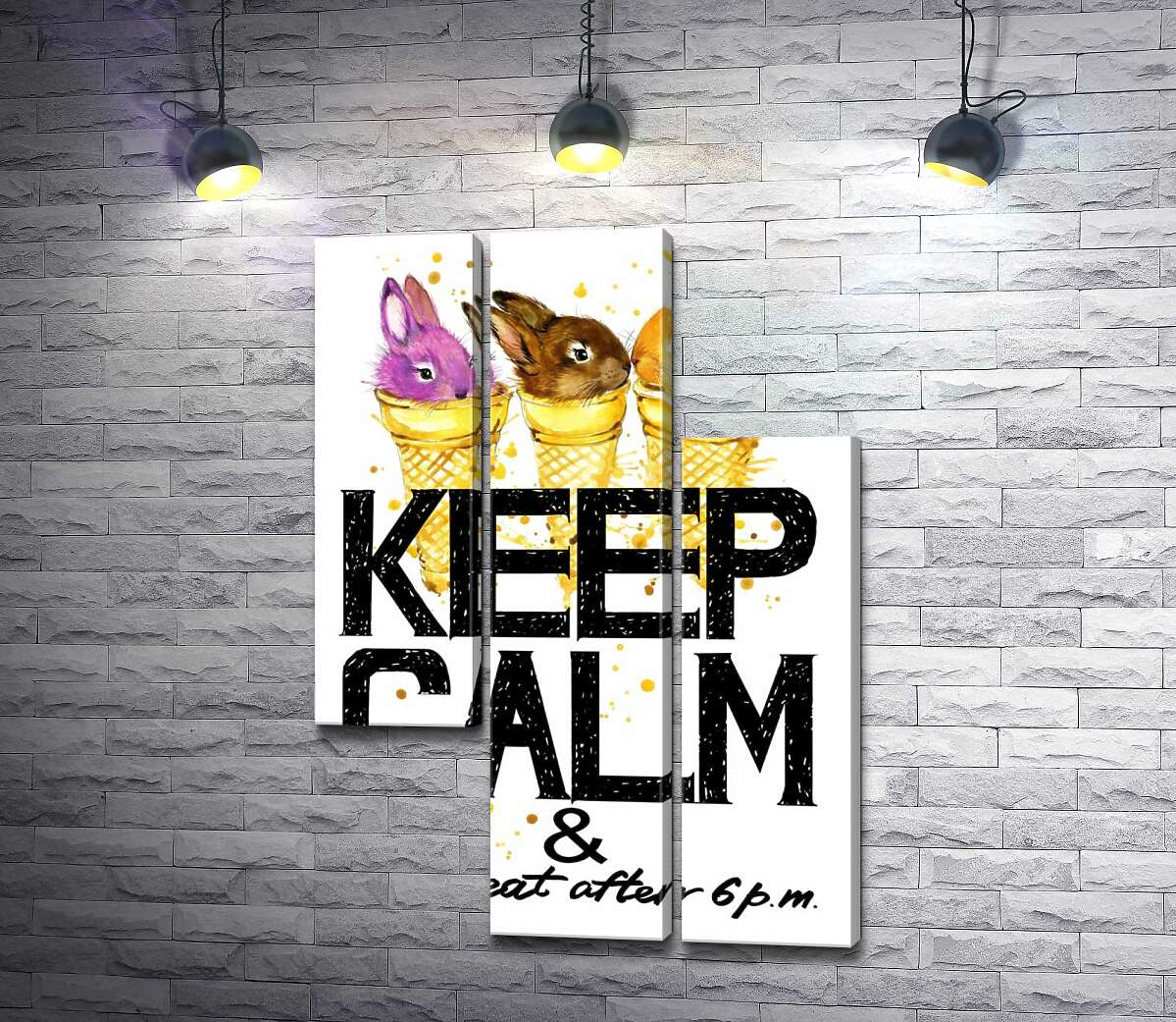 модульна картина Кольорові зайці в рожках морозива над написом "keep calm and don't eat after 6 p.m." (Модуль №13)