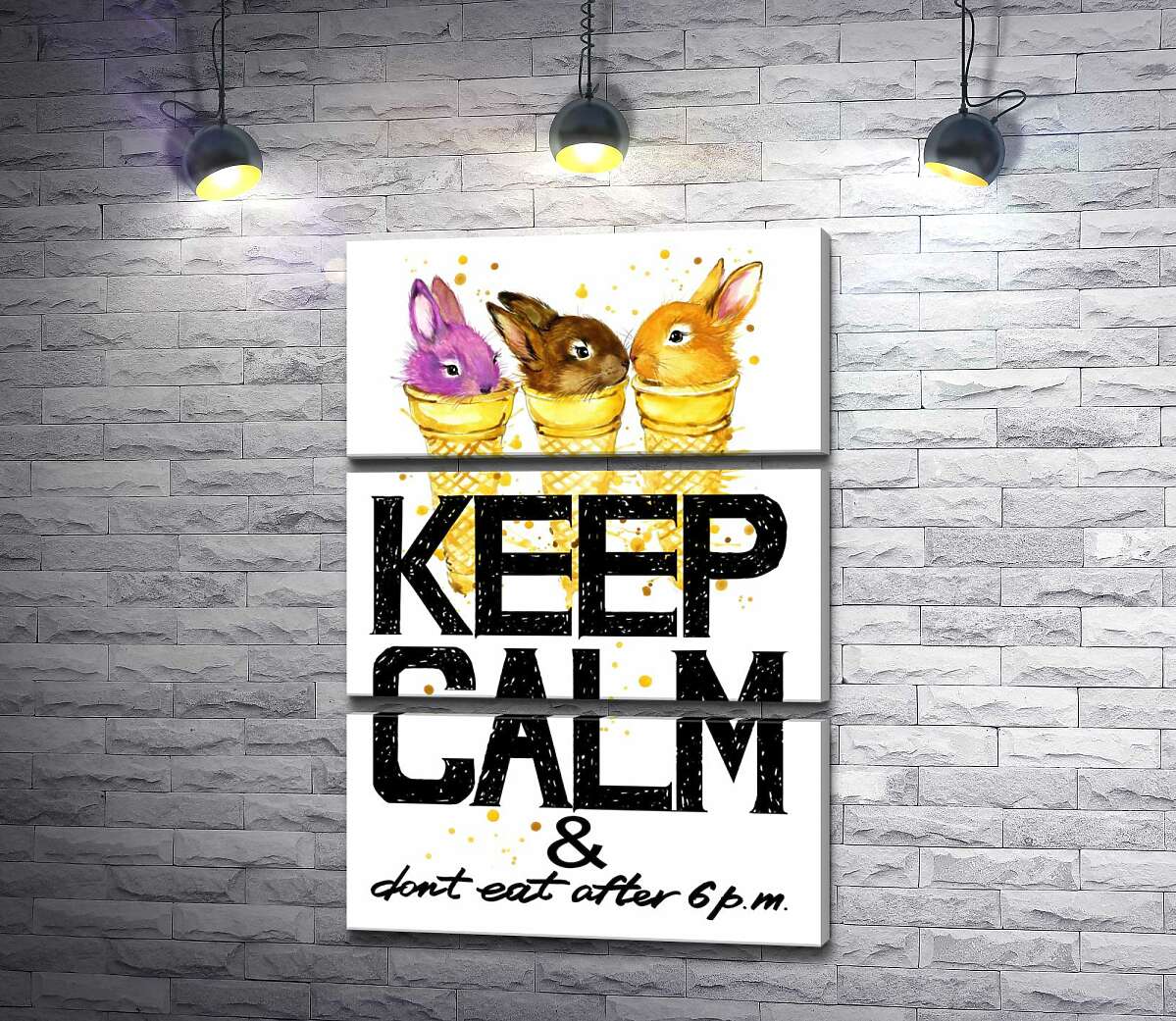модульная картина Цветные зайцы в рожках мороженого над надписью "keep calm and don't eat after 6 p.m." (Модуль №15)