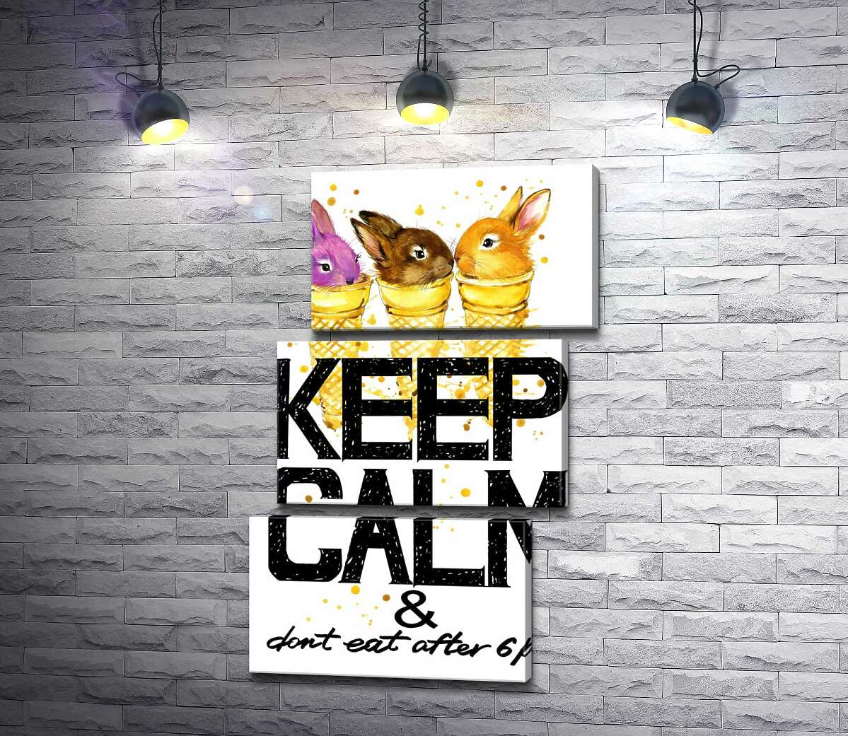 модульна картина Кольорові зайці в рожках морозива над написом "keep calm and don't eat after 6 p.m." (Модуль №17)