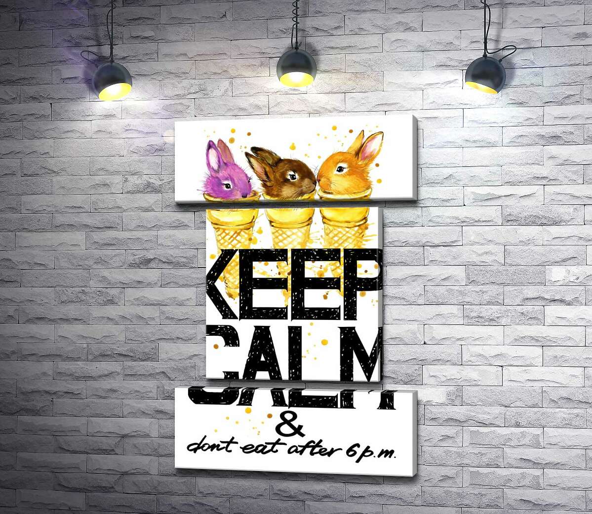 модульна картина Кольорові зайці в рожках морозива над написом "keep calm and don't eat after 6 p.m." (Модуль №18)