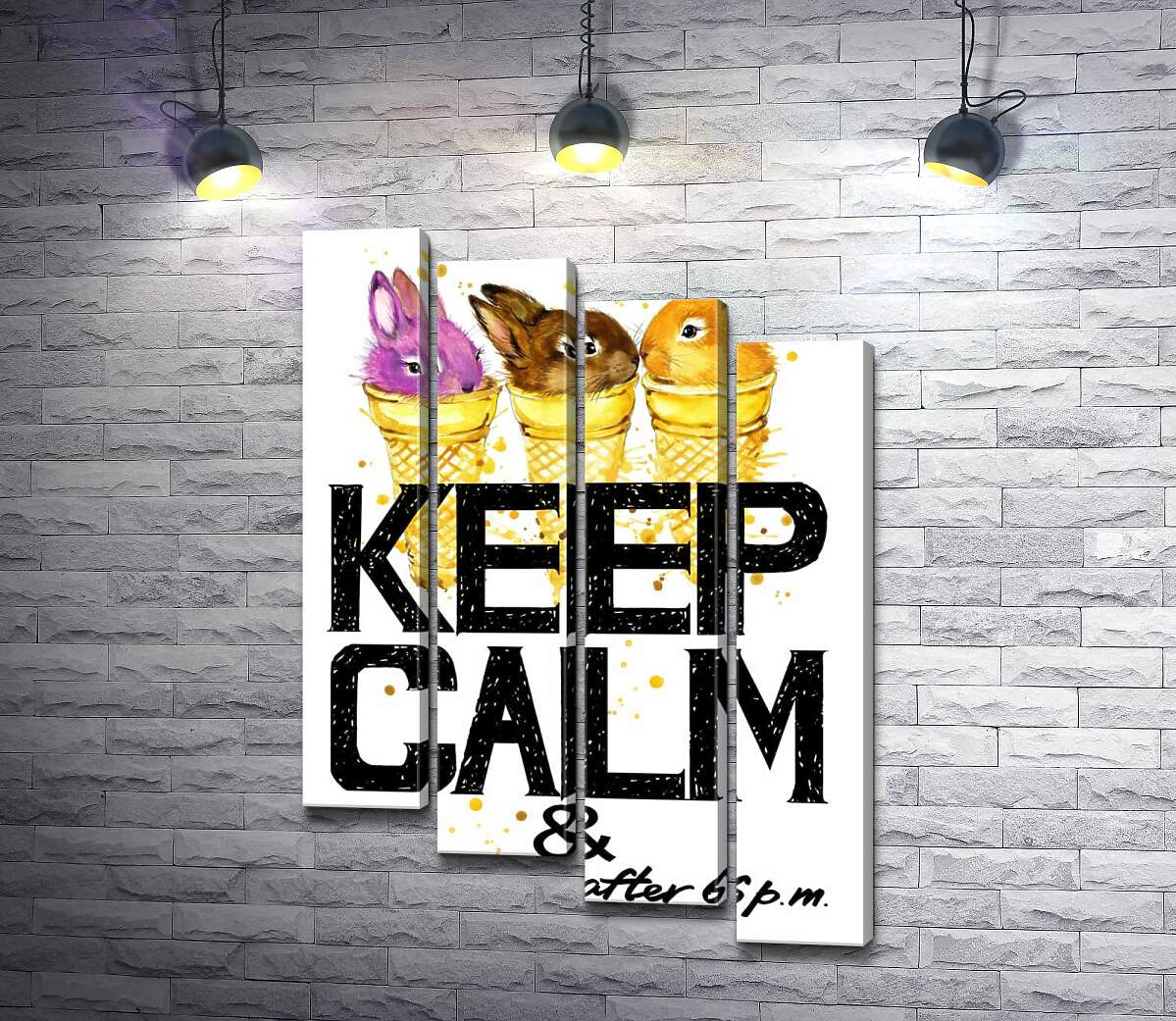 модульная картина Цветные зайцы в рожках мороженого над надписью "keep calm and don't eat after 6 p.m." (Модуль №19)