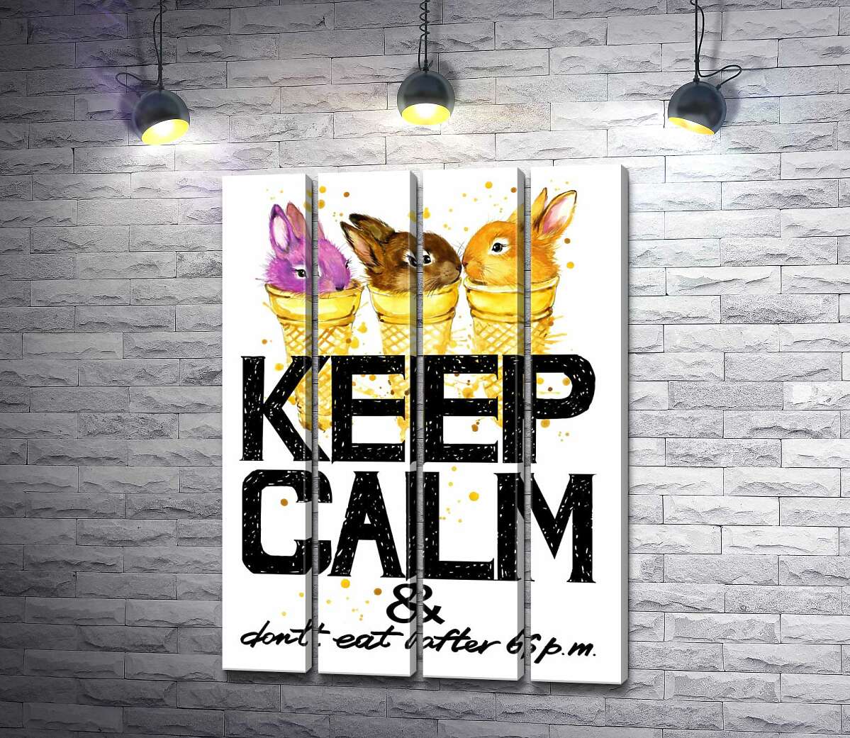 модульная картина Цветные зайцы в рожках мороженого над надписью "keep calm and don't eat after 6 p.m." (Модуль №24)