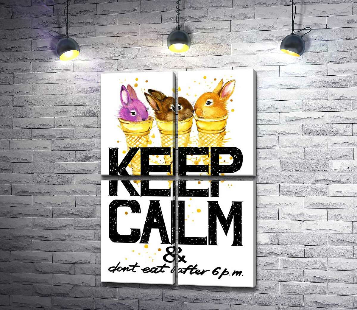 модульная картина Цветные зайцы в рожках мороженого над надписью "keep calm and don't eat after 6 p.m." (Модуль №25)