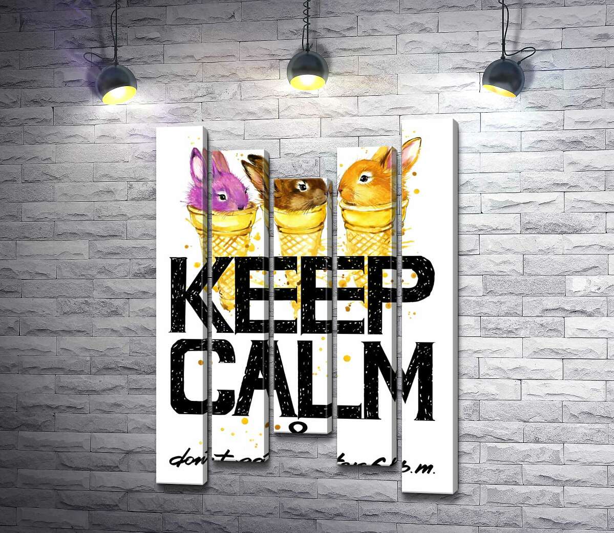 модульна картина Кольорові зайці в рожках морозива над написом "keep calm and don't eat after 6 p.m." (Модуль №27)