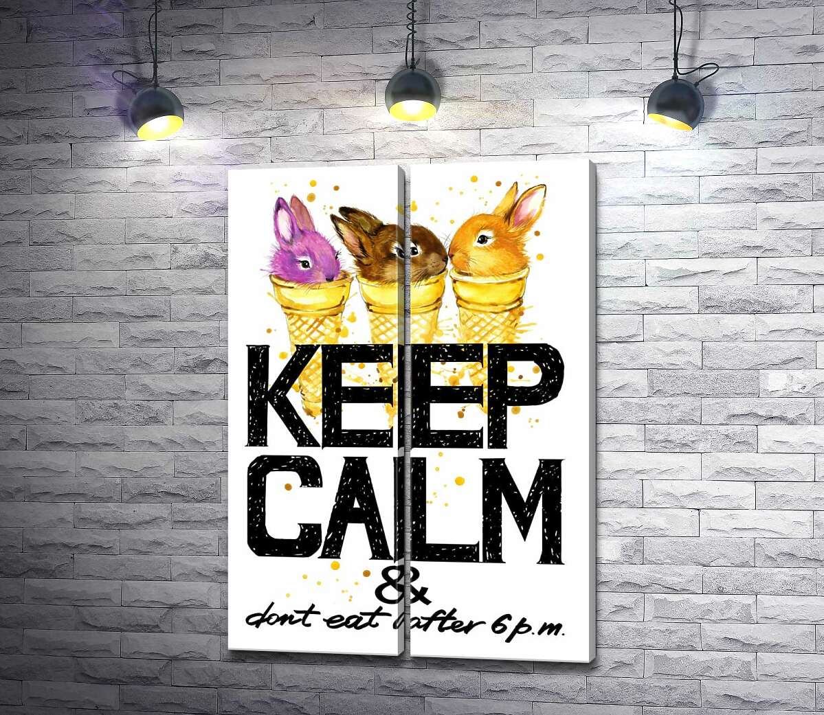 модульна картина Кольорові зайці в рожках морозива над написом "keep calm and don't eat after 6 p.m."