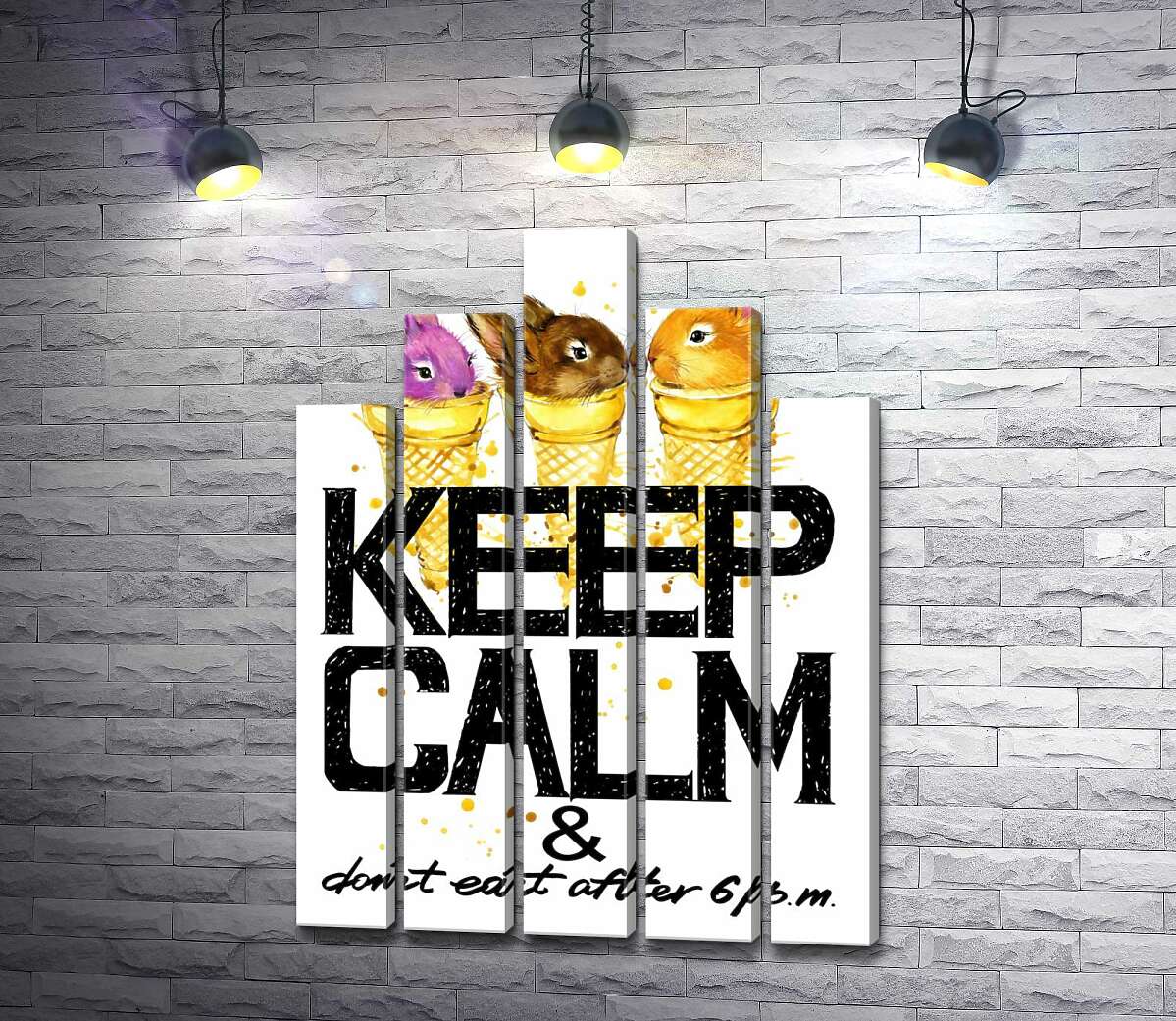 модульна картина Кольорові зайці в рожках морозива над написом "keep calm and don't eat after 6 p.m." (Модуль №29)