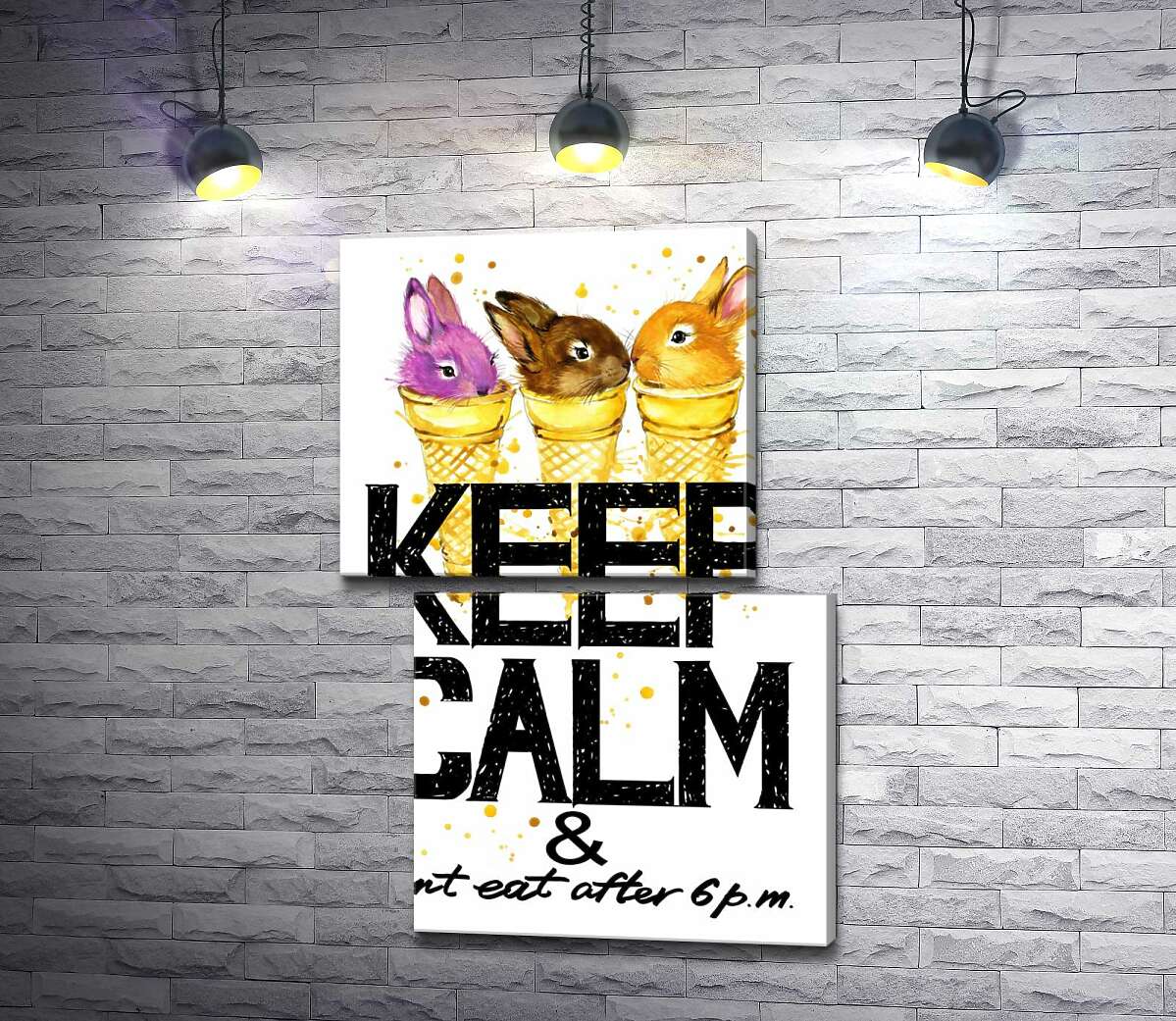 модульная картина Цветные зайцы в рожках мороженого над надписью "keep calm and don't eat after 6 p.m." (Модуль №8)