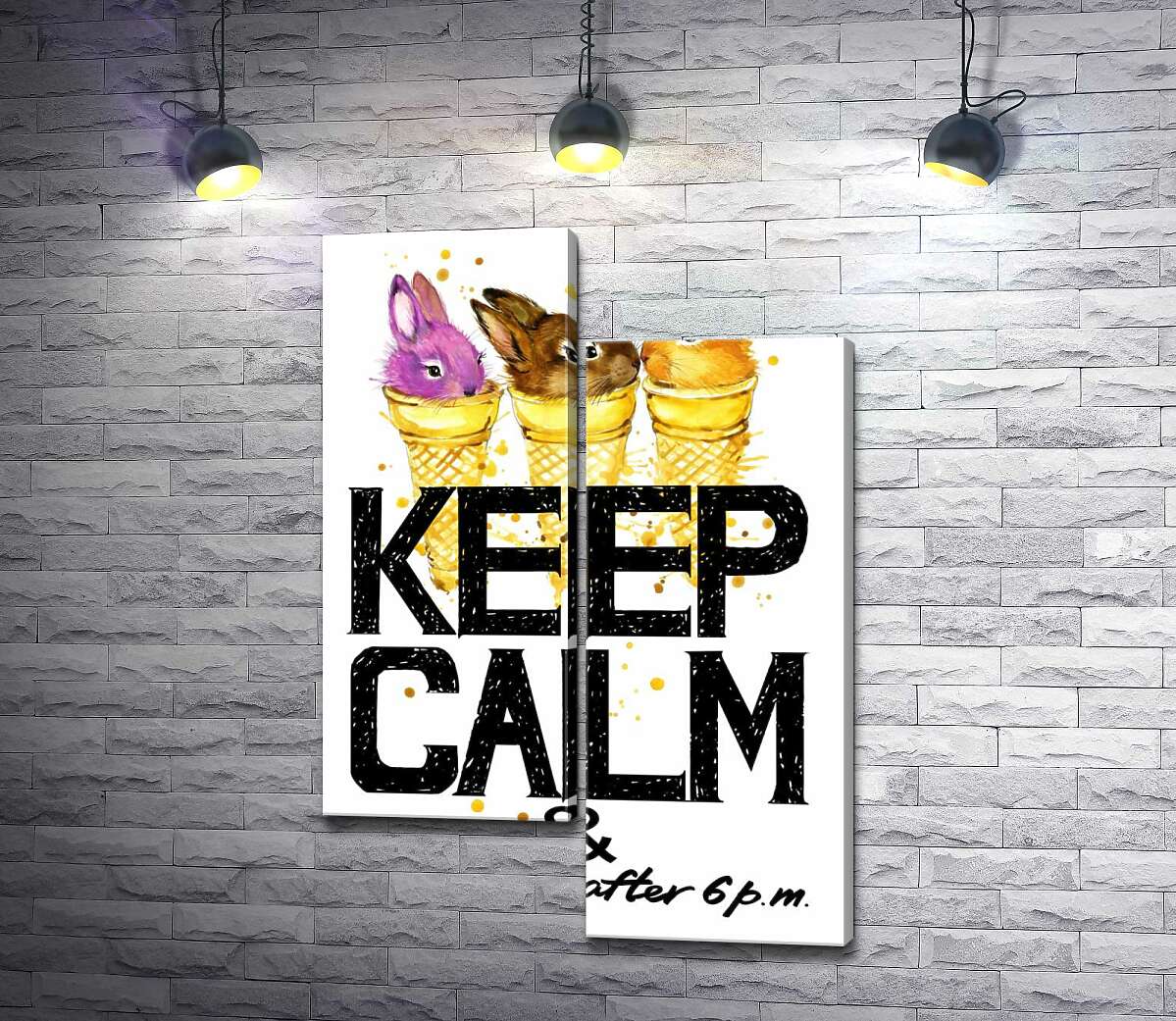 модульна картина Кольорові зайці в рожках морозива над написом "keep calm and don't eat after 6 p.m." (Модуль №9)