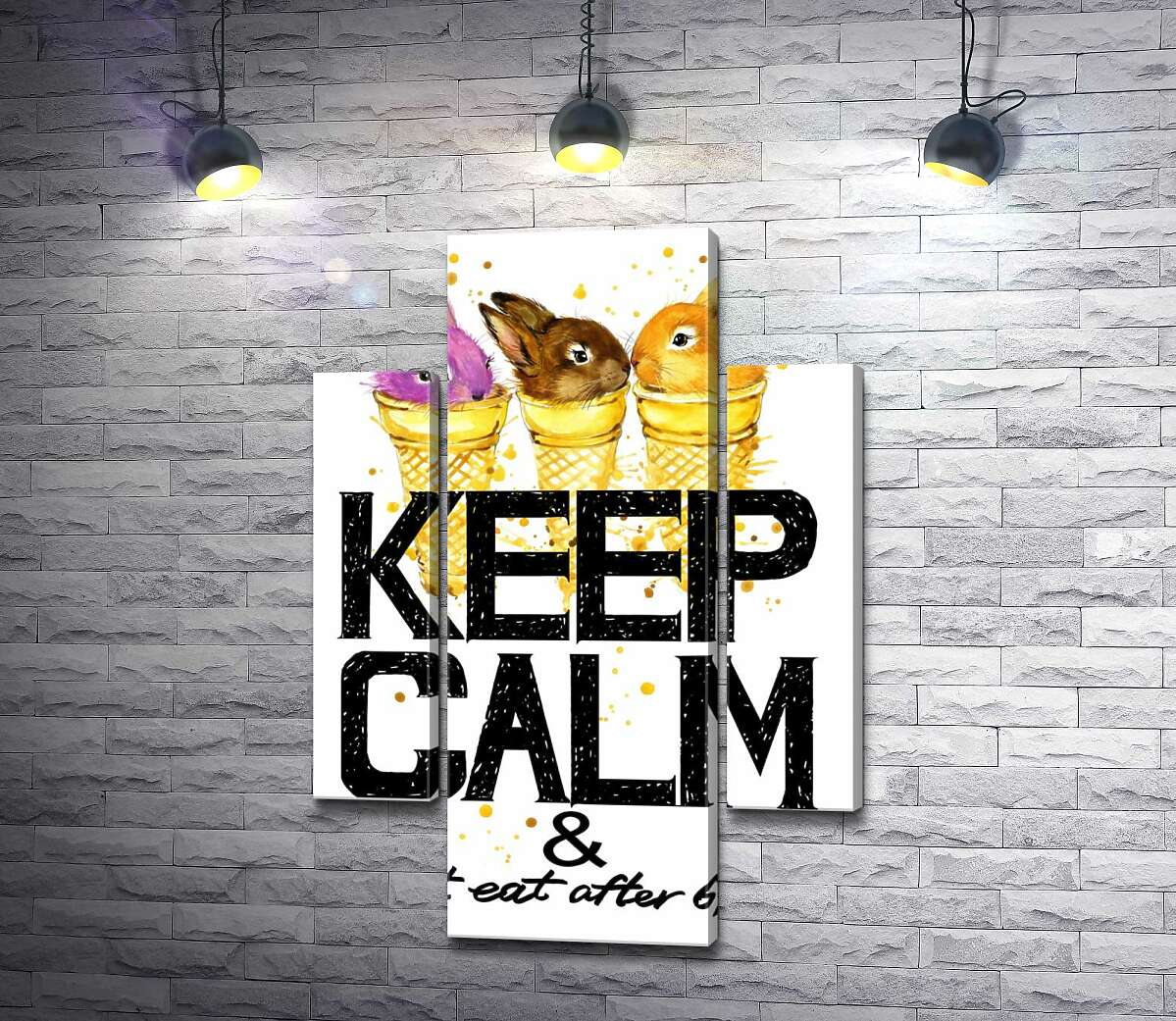 модульная картина Цветные зайцы в рожках мороженого над надписью "keep calm and don't eat after 6 p.m." (Модуль №5)