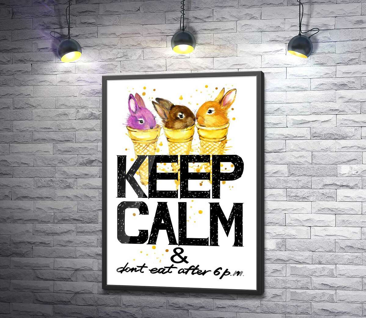 постер Кольорові зайці в рожках морозива над написом "keep calm and don't eat after 6 p.m."