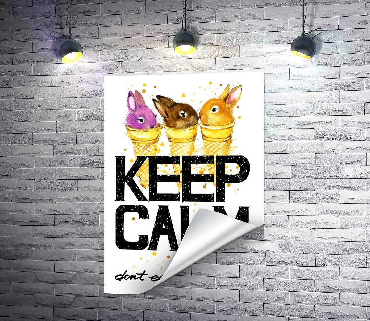 печать Цветные зайцы в рожках мороженого над надписью "keep calm and don't eat after 6 p.m."