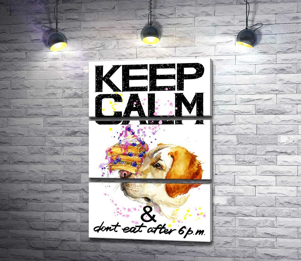 модульная картина Черничный торт на носу у собаки среди надписи "keep calm and don't eat after 6 p.m." (Модуль №15)