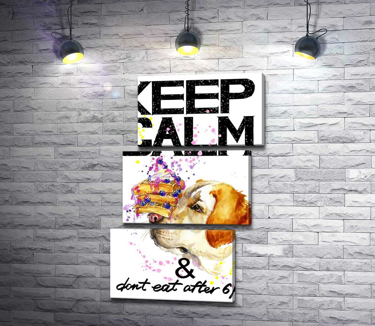 модульна картина Чорничний торт на носі у собаки серед напису "keep calm and don't eat after 6 p.m." (Модуль №17)