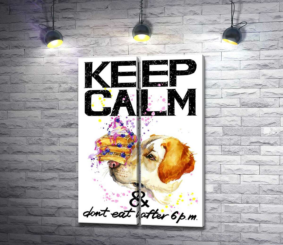 модульная картина Черничный торт на носу у собаки среди надписи "keep calm and don't eat after 6 p.m." (Модуль №6)