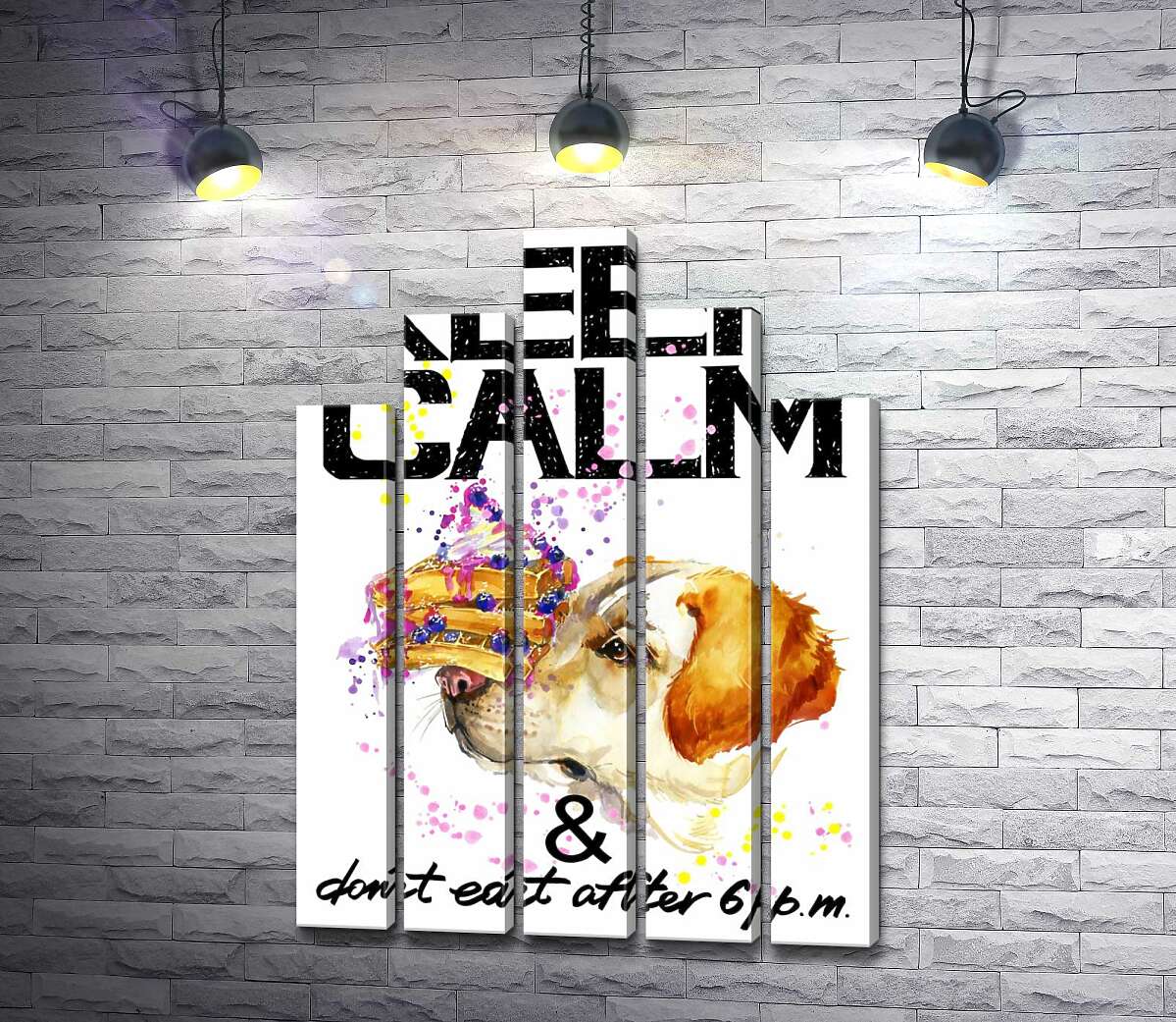 модульная картина Черничный торт на носу у собаки среди надписи "keep calm and don't eat after 6 p.m." (Модуль №29)