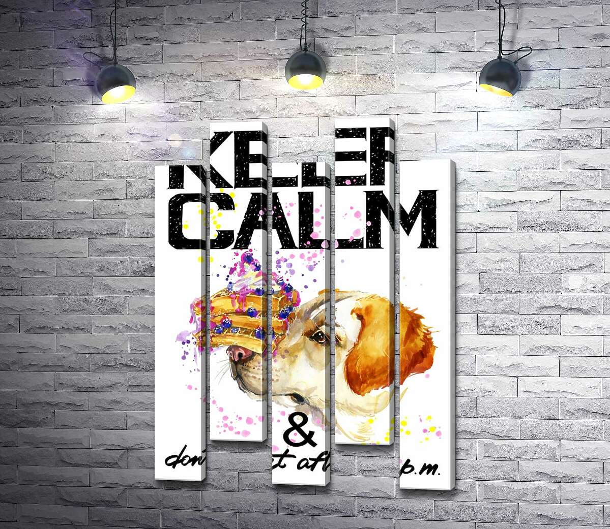модульная картина Черничный торт на носу у собаки среди надписи "keep calm and don't eat after 6 p.m." (Модуль №30)