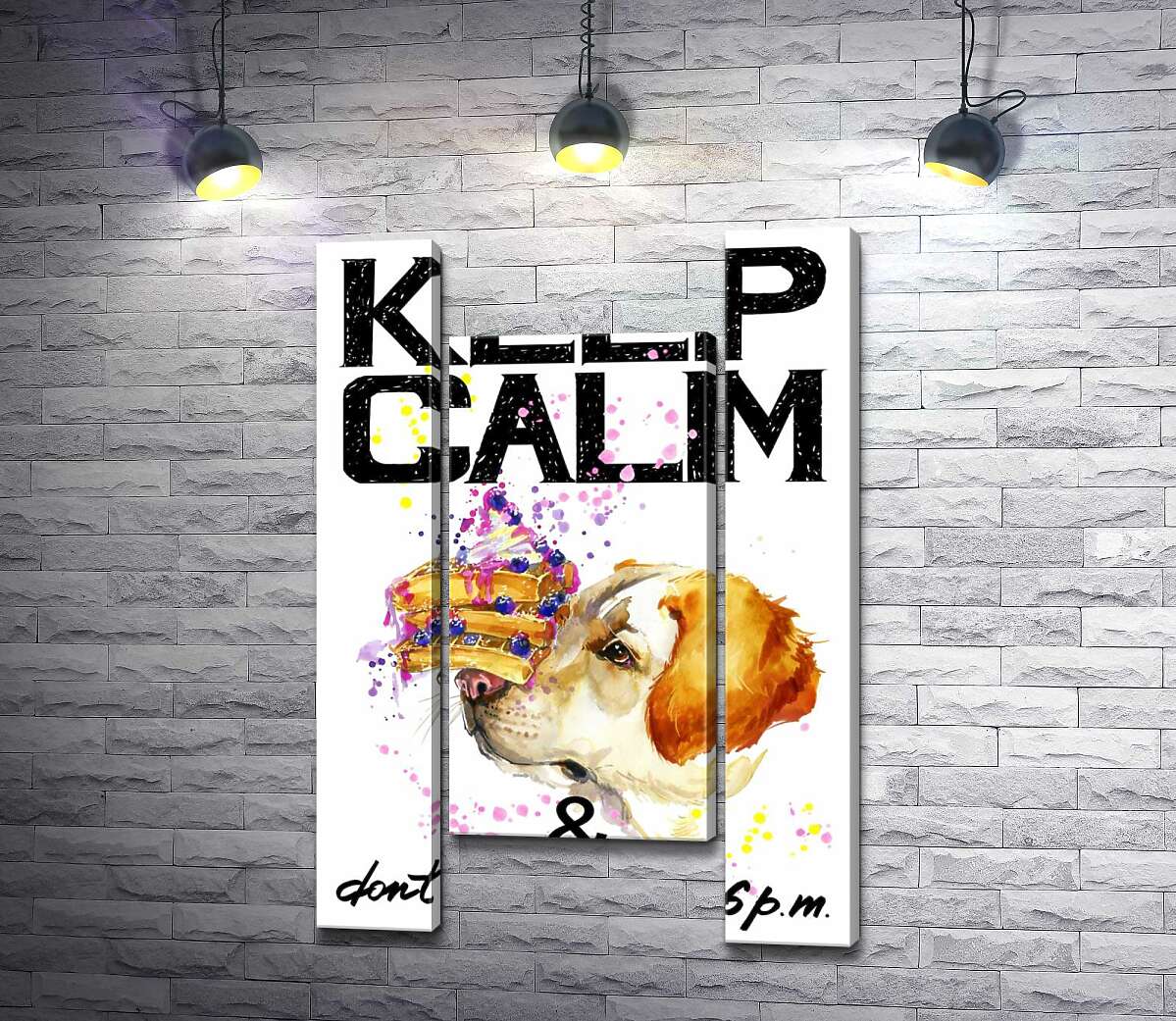 модульна картина Чорничний торт на носі у собаки серед напису "keep calm and don't eat after 6 p.m." (Модуль №11)