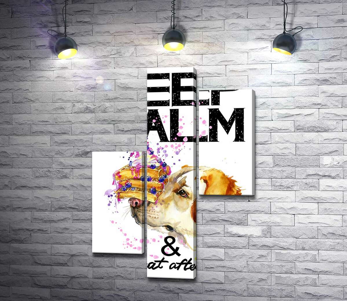 модульная картина Черничный торт на носу у собаки среди надписи "keep calm and don't eat after 6 p.m." (Модуль №12)
