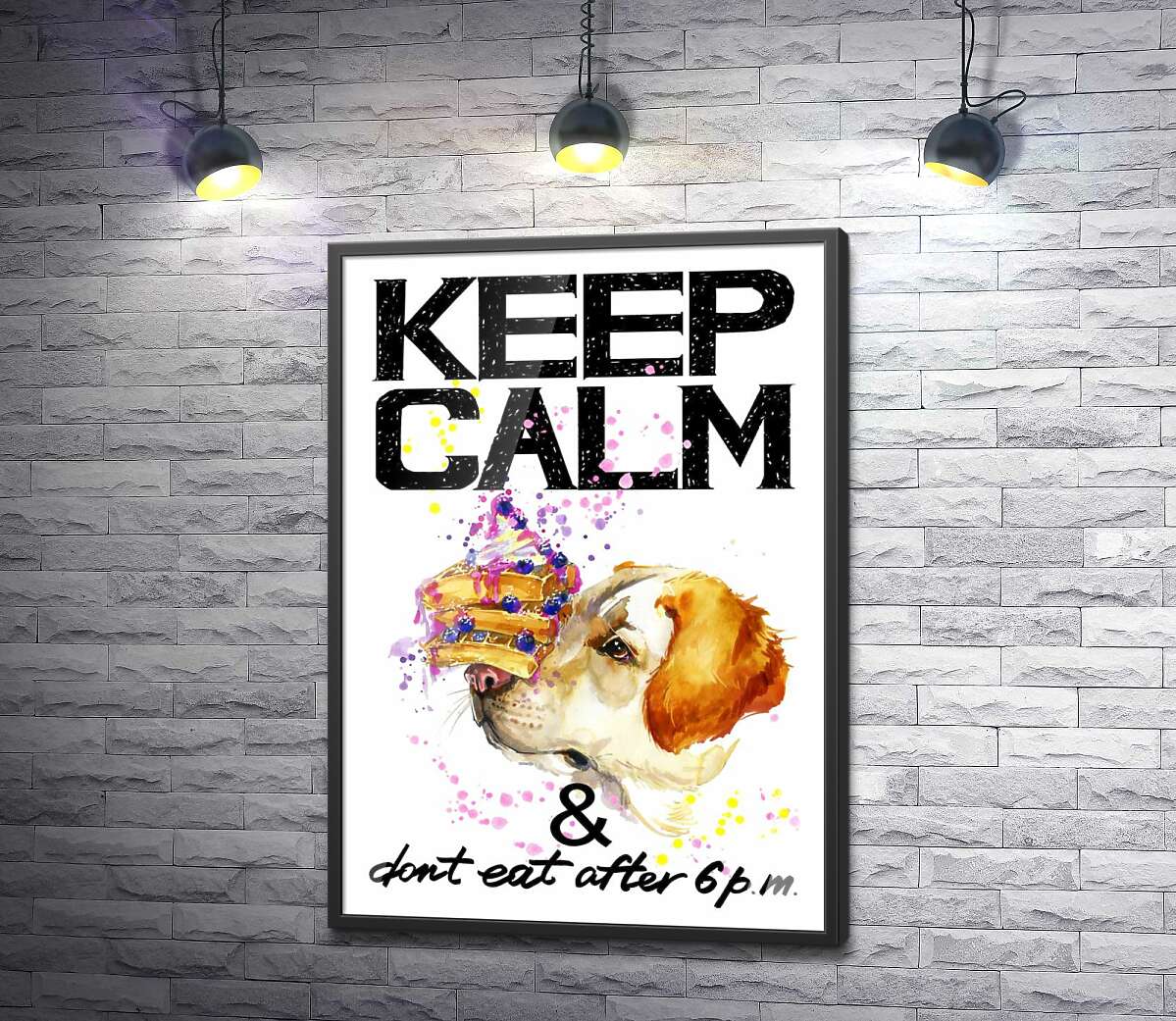 постер Черничный торт на носу у собаки среди надписи "keep calm and don't eat after 6 p.m."