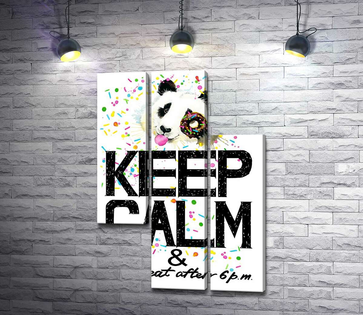 модульная картина Панда с мягким донатсом над надписью "keep calm and don't eat after 6 p.m." (Модуль №13)