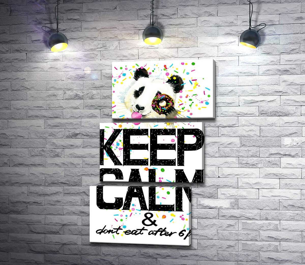 модульная картина Панда с мягким донатсом над надписью "keep calm and don't eat after 6 p.m." (Модуль №17)