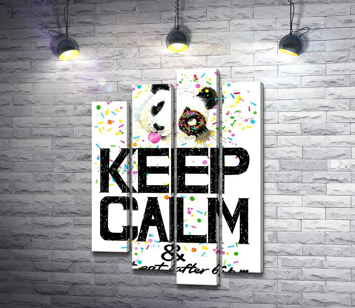модульная картина Панда с мягким донатсом над надписью "keep calm and don't eat after 6 p.m." (Модуль №3)
