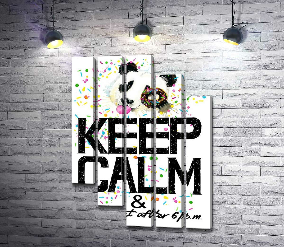 модульная картина Панда с мягким донатсом над надписью "keep calm and don't eat after 6 p.m." (Модуль №28)
