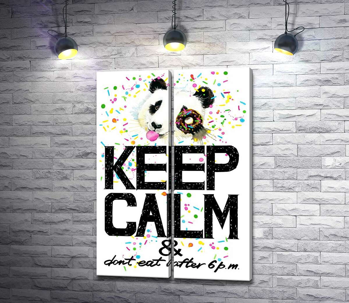 модульная картина Панда с мягким донатсом над надписью "keep calm and don't eat after 6 p.m."